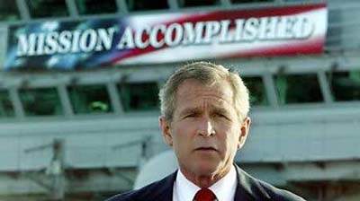 Bush on USS Abraham Lincoln gives mission accomplished victory speech