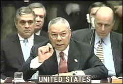 US Secretary of State Colin Powell addresses the un security council presenting evidence on weapons of mass destruction in Iraq